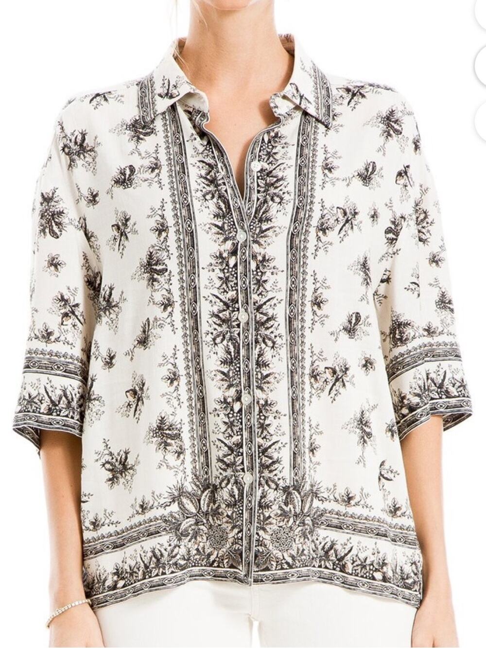 Max Studio London XL Floral Border Print Button Front Boho Blouse Shirt Vacation